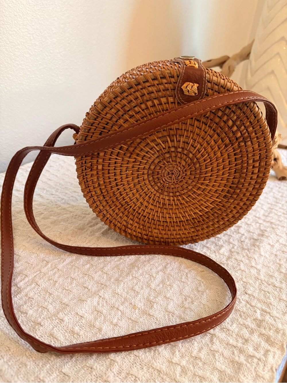 Woven Round Mini Crossbody Bag in Brown
